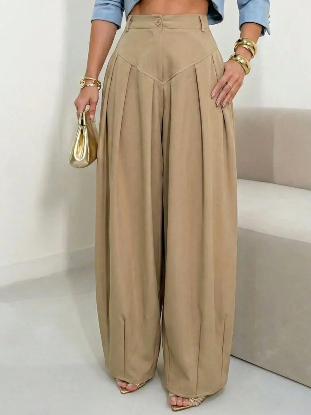Khaki Casual Women's High Waist Zipper Front Carrot Pants - Picture 5 of 5